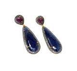 Blue and Dark Pink Sapphire Pave Diamond Earrings, Sapphire Gemstone Earrings