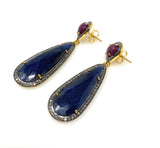 Blue and Dark Pink Sapphire Pave Diamond Earrings, Sapphire Gemstone Earrings