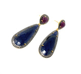Blue and Dark Pink Sapphire Pave Diamond Earrings, Sapphire Gemstone Earrings