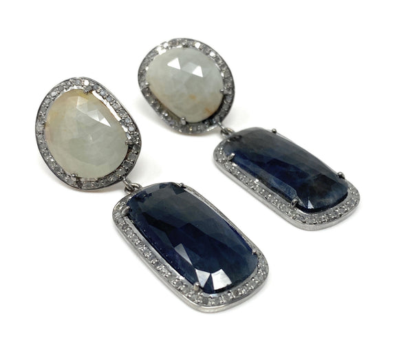 Rare Blue and White Sapphire Pave Diamond Earrings, Genuine Fancy Sapphire Earrings, Silver Gemstone Jewelry , Gifts for Her