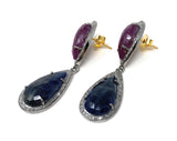 Pave Diamond Ruby and Blue Sapphire Earrings, Natural Sapphire Gemstone Earrings, Ruby Earrings