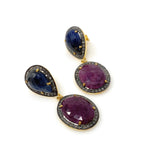 Pave Diamond Ruby and Blue Sapphire Earrings, Gemstone Earrings, Victorian Jewelry