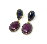Pave Diamond Ruby and Blue Sapphire Earrings, Gemstone Earrings, Victorian Jewelry