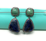 Pave Diamond Emerald and Blue Sapphire Earrings, Natural Sapphire Earrings, Genuine Emerald Earrings, Gifts for Her