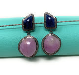 Pave Diamond Sapphire Earrings, Natural Pink and Blue Sapphire Gemstone Earrings, Victorian Jewelry