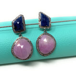 Pave Diamond Sapphire Earrings, Natural Pink and Blue Sapphire Gemstone Earrings, Victorian Jewelry