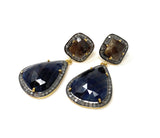 Pave Diamond Earrings, Blue Sapphire and Smoky Sapphire Earrings, Antique Look Silver Gemstone Earrings, Gifts for Her