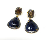 Pave Diamond Earrings, Blue Sapphire and Smoky Sapphire Earrings, Antique Look Silver Gemstone Earrings, Gifts for Her
