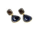 Pave Diamond Earrings, Blue Sapphire and Smoky Sapphire Earrings, Antique Look Silver Gemstone Earrings, Gifts for Her