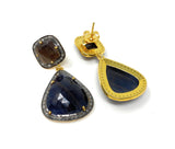 Pave Diamond Earrings, Blue Sapphire and Smoky Sapphire Earrings, Antique Look Silver Gemstone Earrings, Gifts for Her