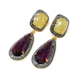 Pave Diamond Ruby and Yellow Sapphire Gemstone Earrings, Victorian Jewelry