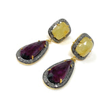 Pave Diamond Ruby and Yellow Sapphire Gemstone Earrings, Victorian Jewelry