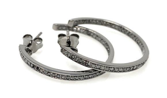 25mm Diamond Hoop Earrings, Black Rhuthenium over Sterling Silver Pave Diamond Earrings, Silver Hoop Earrings