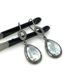 Genuine Sky Blue Topaz Pave Diamond Earrings, Black Rhuthenium over Sterling Silver Gemstone Earrings, Vintage Jewelry, 1.85” x 0.55”