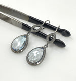 Genuine Sky Blue Topaz Pave Diamond Earrings, Black Rhuthenium over Sterling Silver Gemstone Earrings, Vintage Jewelry, 1.85” x 0.55”