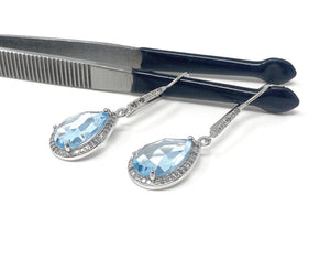 Genuine Sky Blue Topaz Pave Diamond Earrings, Sterling Silver Gemstone Earrings, Vintage Jewelry, 1.85” x 0.55”
