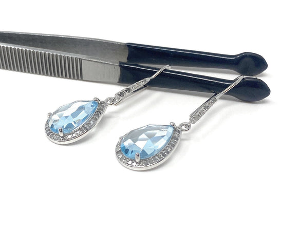 Genuine Sky Blue Topaz Pave Diamond Earrings, Sterling Silver Gemstone Earrings, Vintage Jewelry, 1.85” x 0.55”