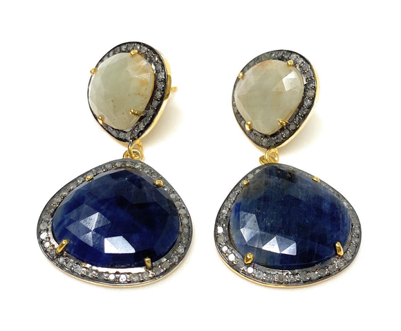 Rare Blue and Off White Sapphire Pave Diamond Earrings, Genuine Fancy Sapphire Earrings, Gemstone Jewelry , Gifts for Her
