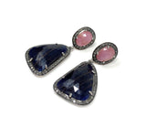 Pave Diamond Sapphire Earrings, Natural Pink and Blue Sapphire Gemstone Earrings, Victorian Jewelry