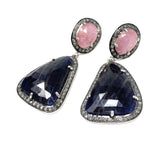 Pave Diamond Sapphire Earrings, Natural Pink and Blue Sapphire Gemstone Earrings, Victorian Jewelry