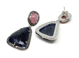 Pave Diamond Sapphire Earrings, Natural Pink and Blue Sapphire Gemstone Earrings, Victorian Jewelry