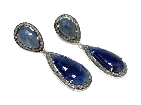 Pave Diamond Sapphire Earrings, Natural Blue Sapphire Gemstone Earrings, Victorian Jewelry