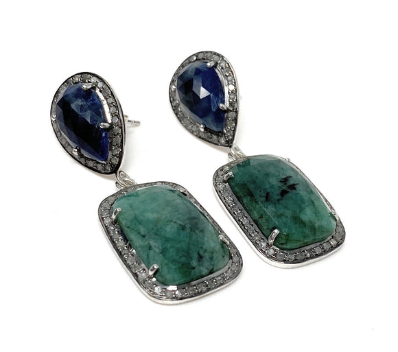Genuine Emerald and Blue Sapphire Pave Diamond Earrings, Sapphire Earrings, Emerald Earrings, Gifts for Her