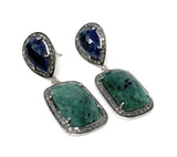 Genuine Emerald and Blue Sapphire Pave Diamond Earrings, Sapphire Earrings, Emerald Earrings, Gifts for Her