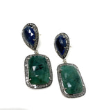 Genuine Emerald and Blue Sapphire Pave Diamond Earrings, Sapphire Earrings, Emerald Earrings, Gifts for Her