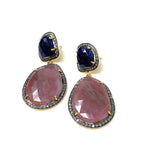 Genuine Sapphire Pave Diamond Earrings, Blue Sapphire Earrings, Rare Fancy Salmon Sapphire Earrings