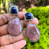 Genuine Sapphire Pave Diamond Earrings, Blue Sapphire Earrings, Rare Fancy Salmon Sapphire Earrings