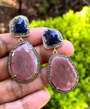 Genuine Sapphire Pave Diamond Earrings, Blue Sapphire Earrings, Rare Fancy Salmon Sapphire Earrings