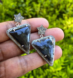Rare Black Gray Pave Diamond Sapphire Earrings, Sapphire Gemstone Earrings, Victorian Jewelry