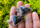 Rare Black Gray Pave Diamond Sapphire Earrings, Sapphire Gemstone Earrings, Victorian Jewelry