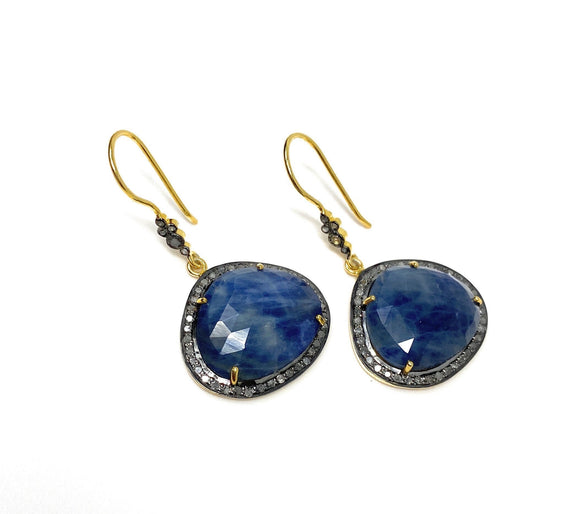 Pave Diamond Sapphire Earrings, Natural Blue Sapphire Gemstone Earrings, Victorian Jewelry, 1.80” x 1”