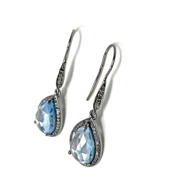 Genuine Sky Blue Topaz Pave Diamond Earrings, Black Rhuthenium over Sterling Silver Gemstone Earrings, Vintage Jewelry, 1.75” x 0.55”