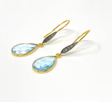 Genuine Sky Blue Topaz Pave Diamond Earrings, 14K Gold Plated Sterling Silver Gemstone Earrings, Vintage Jewelry, 1.55” x 0.45”