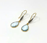 Genuine Sky Blue Topaz Pave Diamond Earrings, 14K Gold Plated Sterling Silver Gemstone Earrings, Vintage Jewelry, 1.55” x 0.45”