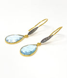 Genuine Sky Blue Topaz Pave Diamond Earrings, 14K Gold Plated Sterling Silver Gemstone Earrings, Vintage Jewelry, 1.55” x 0.45”
