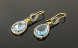 Genuine Sky Blue Topaz Pave Diamond Earrings, 14K Gold Plated Silver Gemstone Earrings, Vintage Jewelry, 1.65” x 0.55”