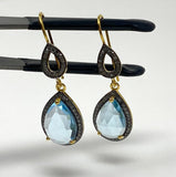 Genuine Sky Blue Topaz Pave Diamond Earrings, 14K Gold Plated Silver Gemstone Earrings, Vintage Jewelry, 1.65” x 0.55”