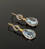 Genuine Sky Blue Topaz Pave Diamond Earrings, 14K Gold Plated Silver Gemstone Earrings, Vintage Jewelry, 1.65” x 0.55”