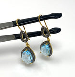 Genuine Sky Blue Topaz Pave Diamond Earrings, 14K Gold Plated Silver Gemstone Earrings, Vintage Jewelry, 1.65” x 0.55”