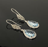 Sky Blue Topaz Diamond Earrings, Genuine Pave Diamond Dangle Earrings, December Birthstone Gift, Throat Chakra Healing Crystal Jewelry