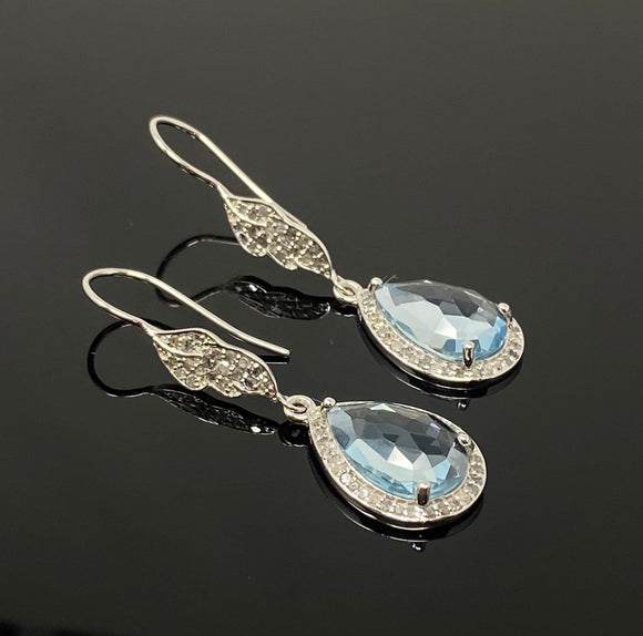 Genuine Sky Blue Topaz Pave Diamond Earrings, Sterling Silver Gemstone Earrings, Vintage Jewelry, 1.70” x 0.55”