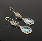 Genuine Sky Blue Topaz Pave Diamond Earrings, Sterling Silver Gemstone Earrings, Vintage Jewelry, 1.70” x 0.55”