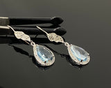 Genuine Sky Blue Topaz Pave Diamond Earrings, Sterling Silver Gemstone Earrings, Vintage Jewelry, 1.70” x 0.55”
