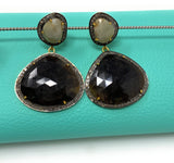 Fancy Sapphire Pave Diamond Earrings, White Sapphire and Smoky Sapphire Earrings , Antique Silver Gemstone Earrings, Gifts for Her