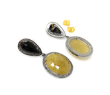 Rare Yellow Sapphire Pave Diamond Earrings, Yellow Sapphire and Smoky Fancy Sapphire Earrings, Genuine Gemstone Earrings