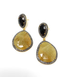 Rare Yellow Sapphire Pave Diamond Earrings, Yellow Sapphire and Smoky Fancy Sapphire Earrings, Genuine Gemstone Earrings
